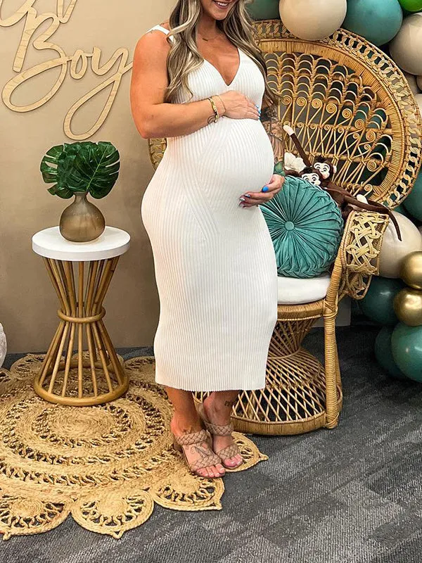 Momnfancy White Knitting V-neck Sleeveless Bodycon Baby Shower Spaghetti Strap Maternity Maxi Dress