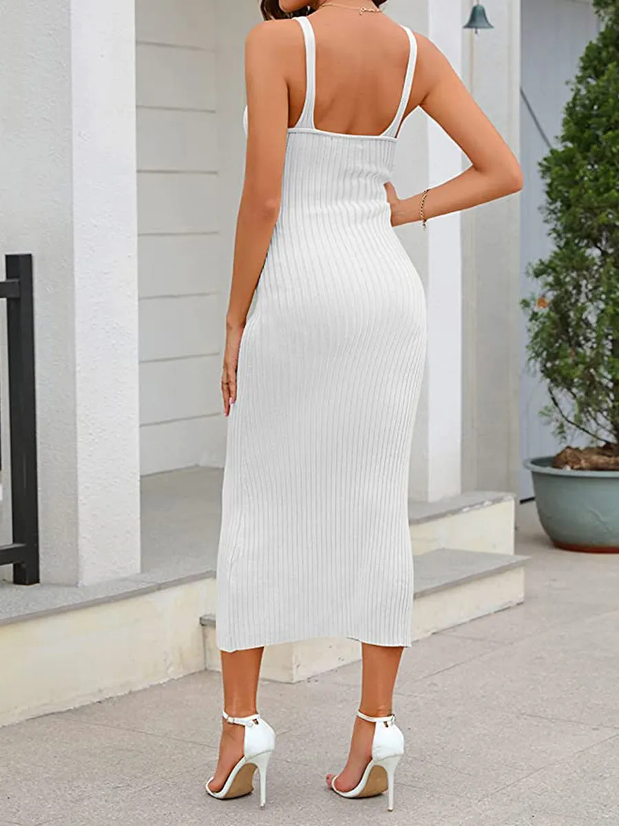 Momnfancy White Knitting V-neck Sleeveless Bodycon Baby Shower Spaghetti Strap Maternity Maxi Dress