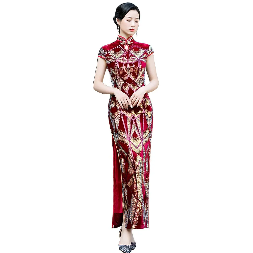 New Sequins Embroidered Evening Dress High-slit Formal Occasion Women Velour Short-Sleeve Long China Cheongsam