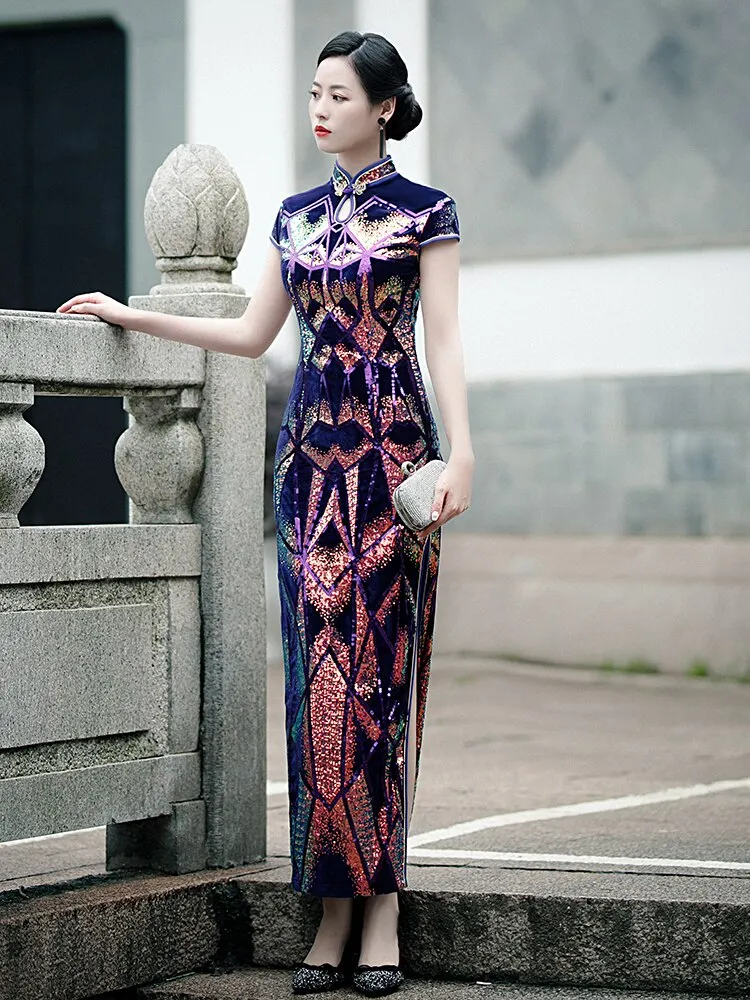 New Sequins Embroidered Evening Dress High-slit Formal Occasion Women Velour Short-Sleeve Long China Cheongsam