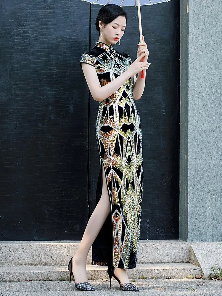 New Sequins Embroidered Evening Dress High-slit Formal Occasion Women Velour Short-Sleeve Long China Cheongsam