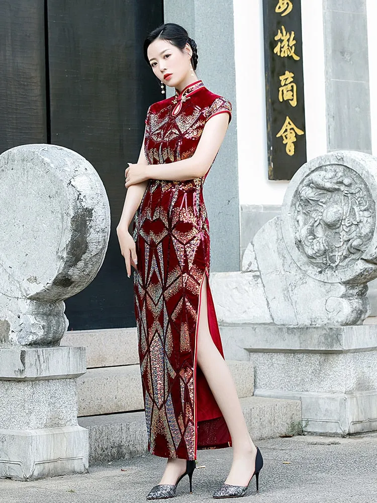 New Sequins Embroidered Evening Dress High-slit Formal Occasion Women Velour Short-Sleeve Long China Cheongsam