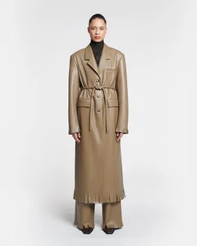 Nikoline - Belted Regenerated Leather Coat - Muted Khaki