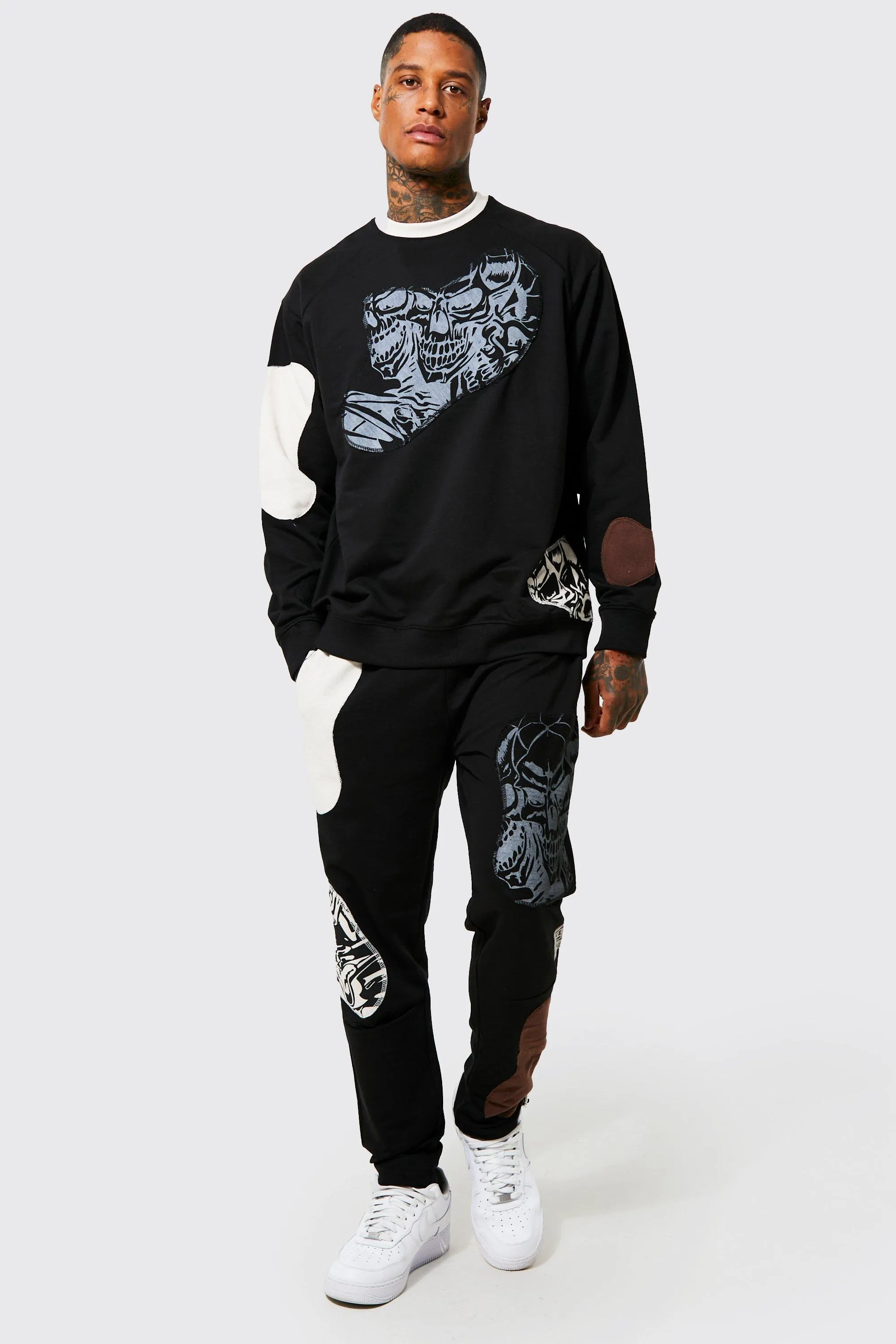 Oversized Skull Print Panel Sweater Tracksuit