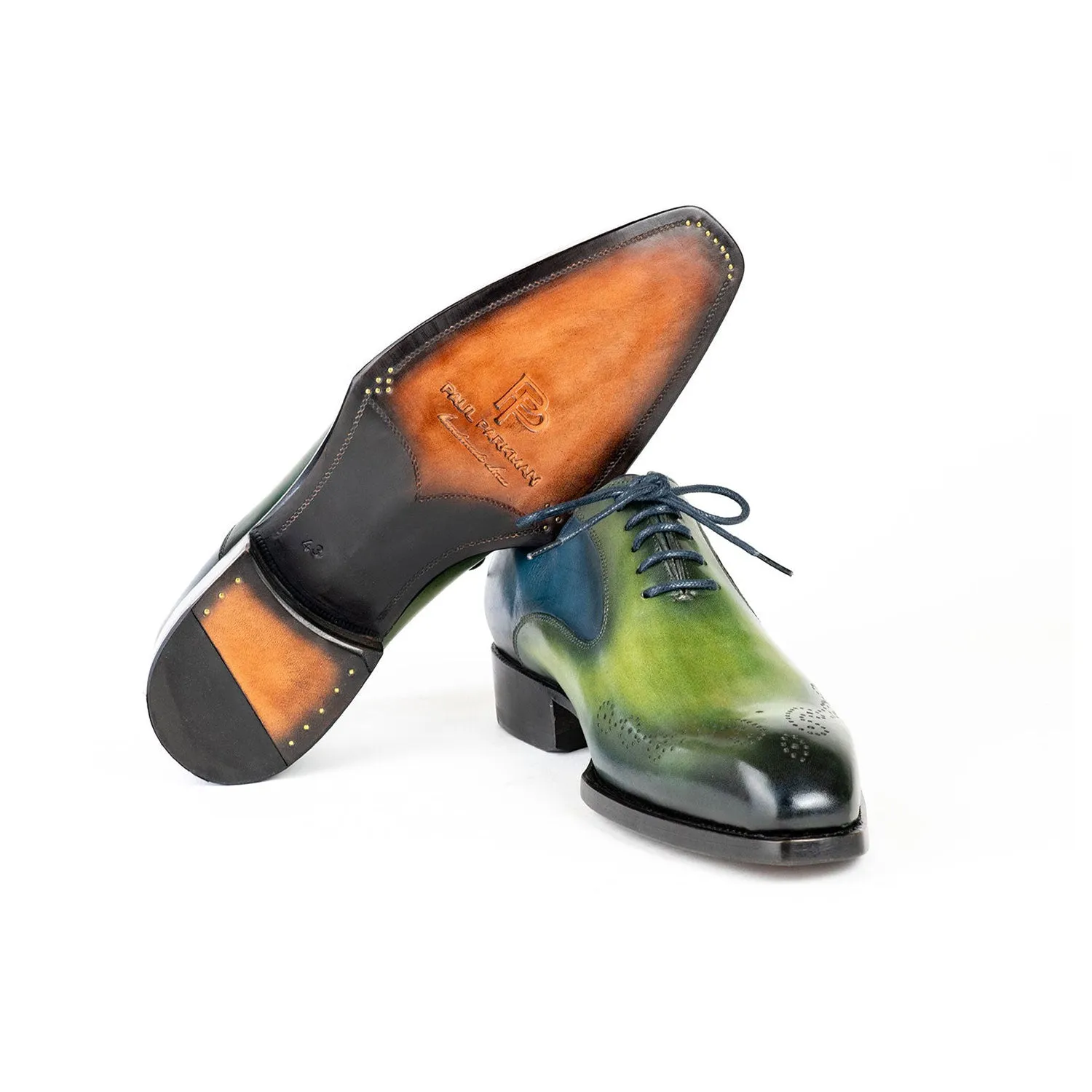 Paul Parkman 5364-GBL Men's Shoes Blue & Green Calf-Skin Leather Goodyear Welted Oxfords (PM6426)