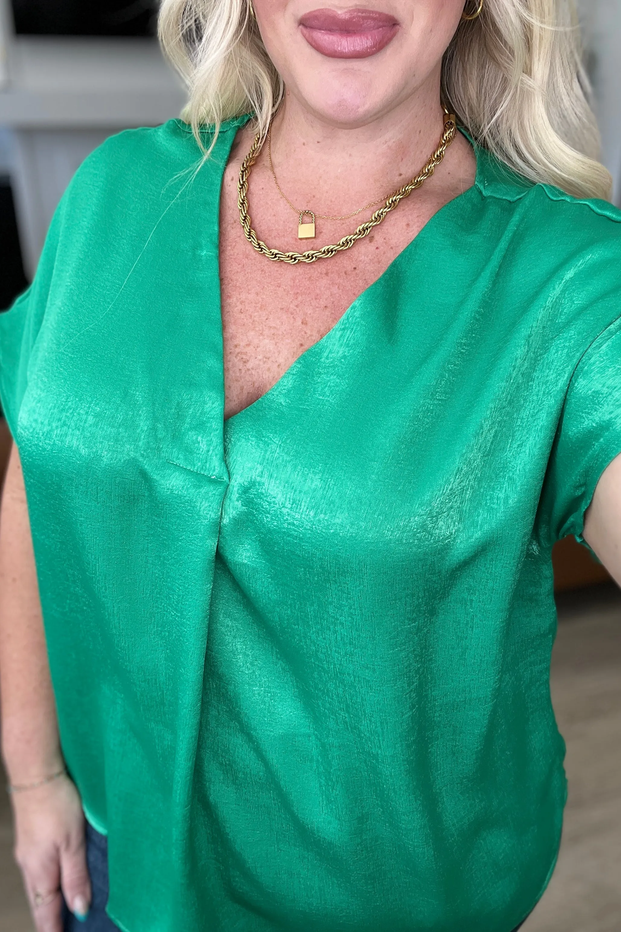 Pleat Front V-Neck Top in Kelly Green