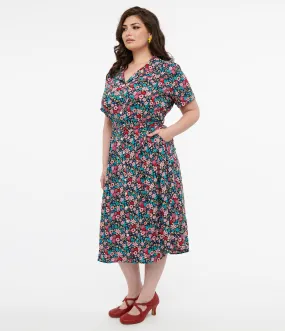 Plus Size 1930s Black & Multicolor Floral Print Tea Party Midi Dress