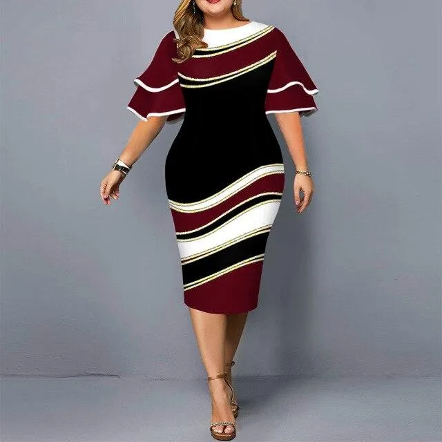 Plus Size Elegant Women's Geometric Printed Ruffle Sleeves Midi Party Dress