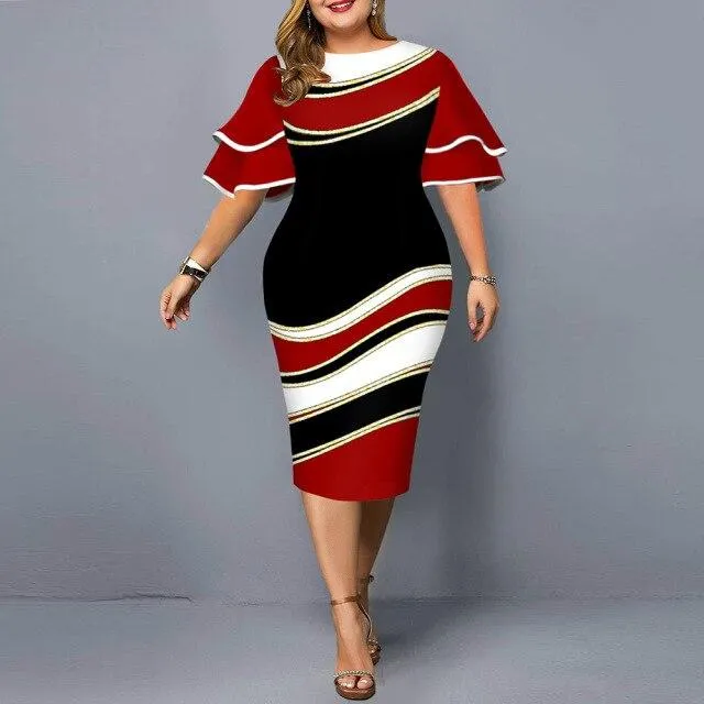 Plus Size Elegant Women's Geometric Printed Ruffle Sleeves Midi Party Dress