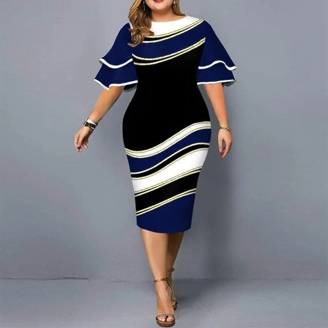 Plus Size Elegant Women's Geometric Printed Ruffle Sleeves Midi Party Dress