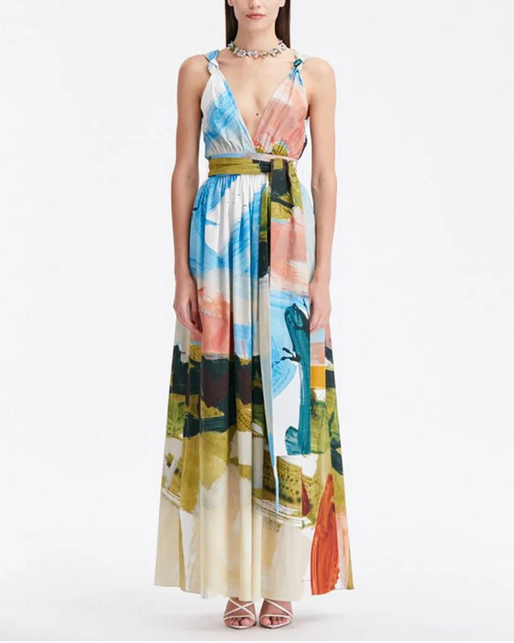 Powder Blue Landscape Sleeveless Maxi Dress