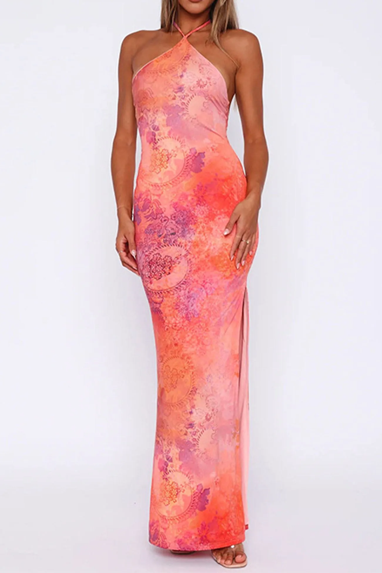 Printed Halterneck High Slit Bodycon Dress