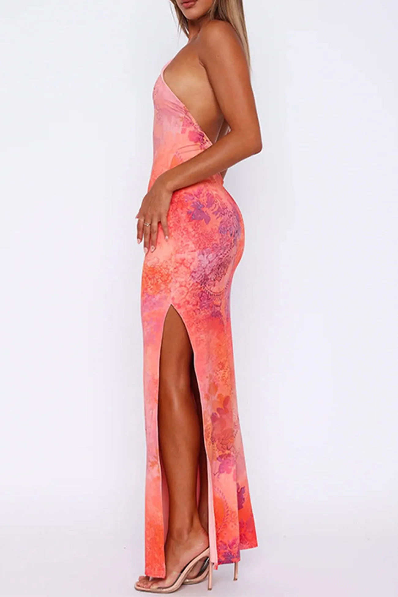 Printed Halterneck High Slit Bodycon Dress