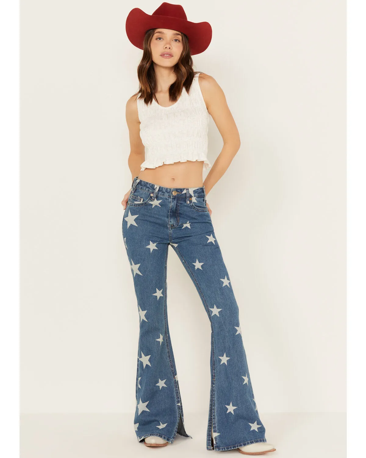 Product Name:  Rock & Roll Denim Women's Light Wash High Rise Star Print Americana Slit Flare Jeans