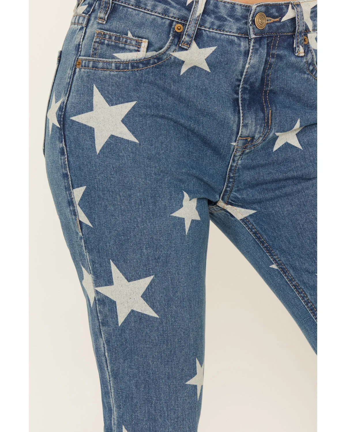 Product Name:  Rock & Roll Denim Women's Light Wash High Rise Star Print Americana Slit Flare Jeans