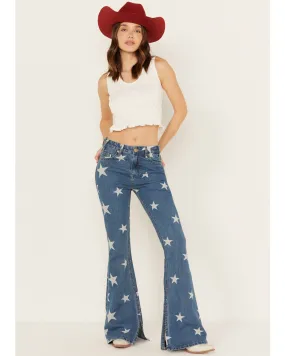 Product Name:  Rock & Roll Denim Women's Light Wash High Rise Star Print Americana Slit Flare Jeans