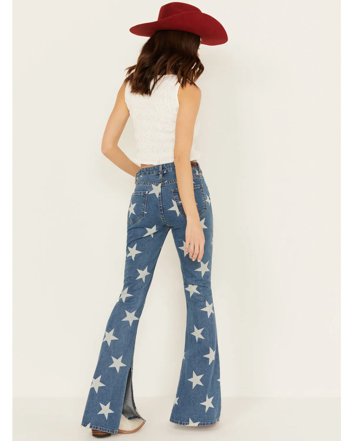 Product Name:  Rock & Roll Denim Women's Light Wash High Rise Star Print Americana Slit Flare Jeans