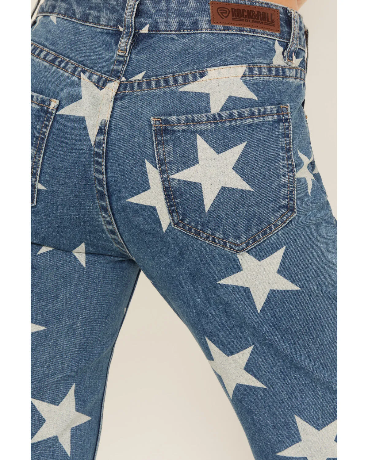 Product Name:  Rock & Roll Denim Women's Light Wash High Rise Star Print Americana Slit Flare Jeans