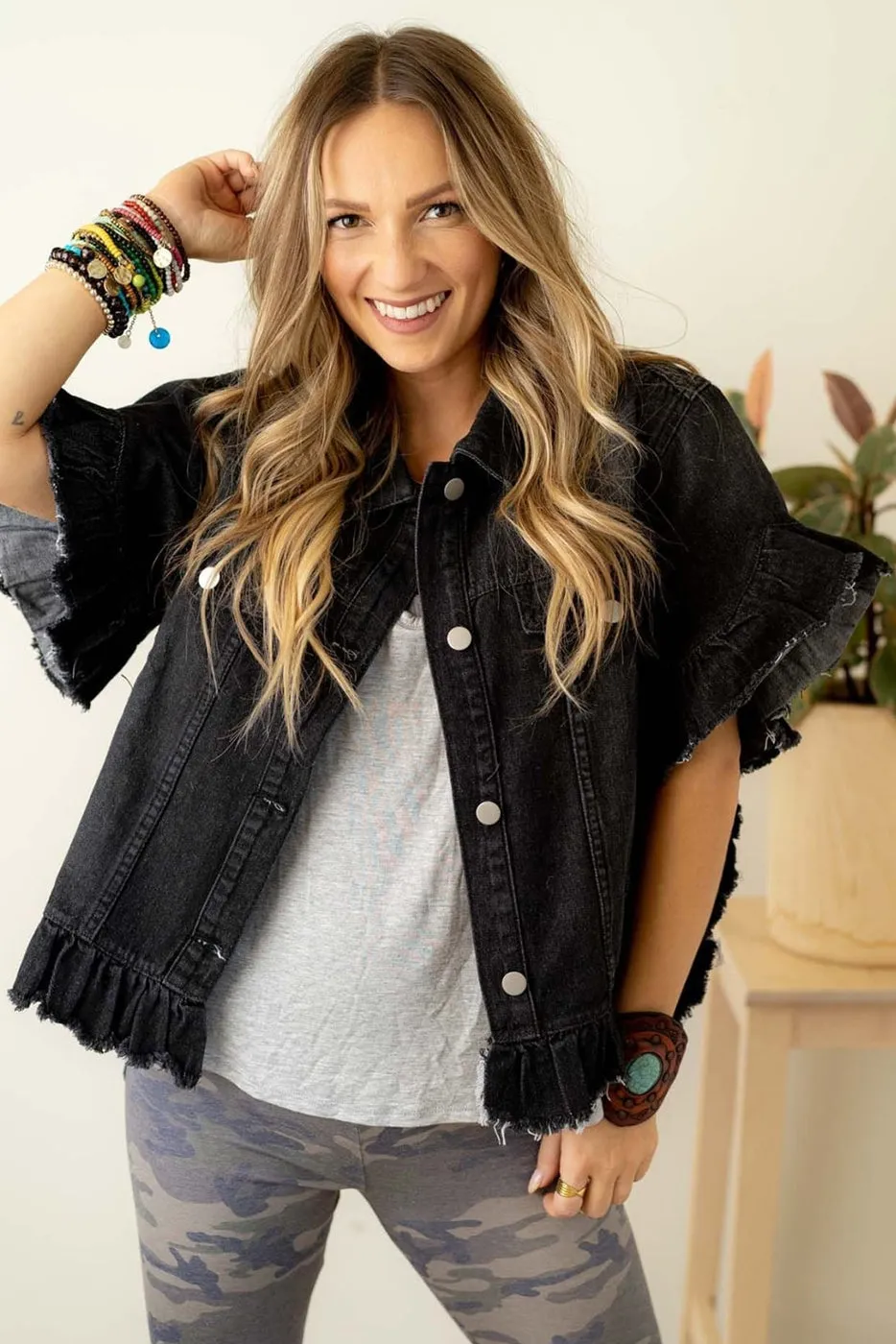 Raw Edge Ruffled Short Sleeve Denim Jacket