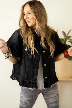 Raw Edge Ruffled Short Sleeve Denim Jacket