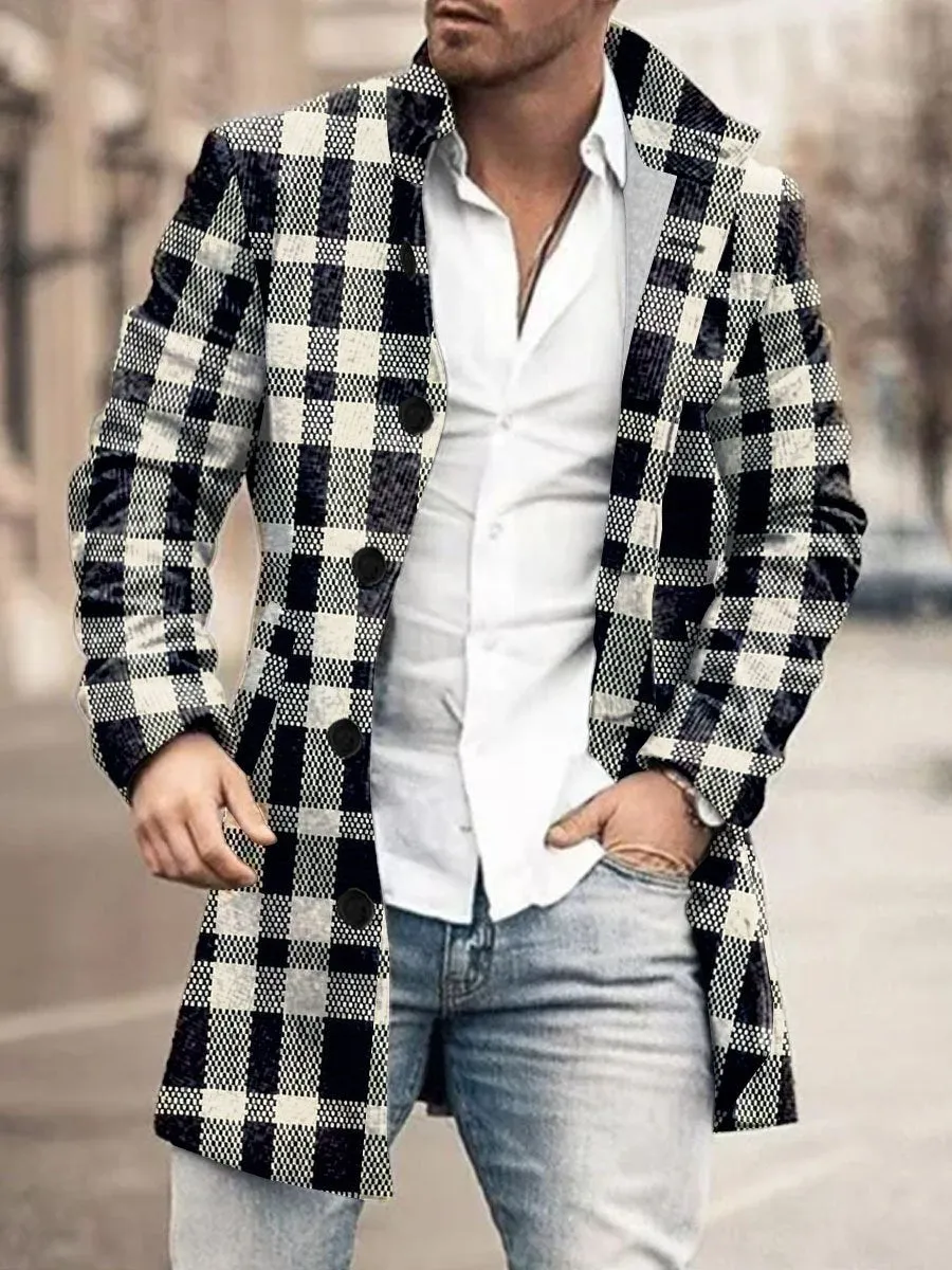 Retro Black And White Plaid Print Stand Collar Double Pocket Woolen Coat