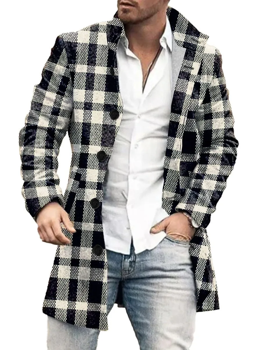 Retro Black And White Plaid Print Stand Collar Double Pocket Woolen Coat