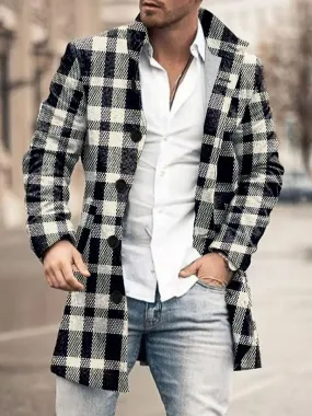 Retro Black And White Plaid Print Stand Collar Double Pocket Woolen Coat