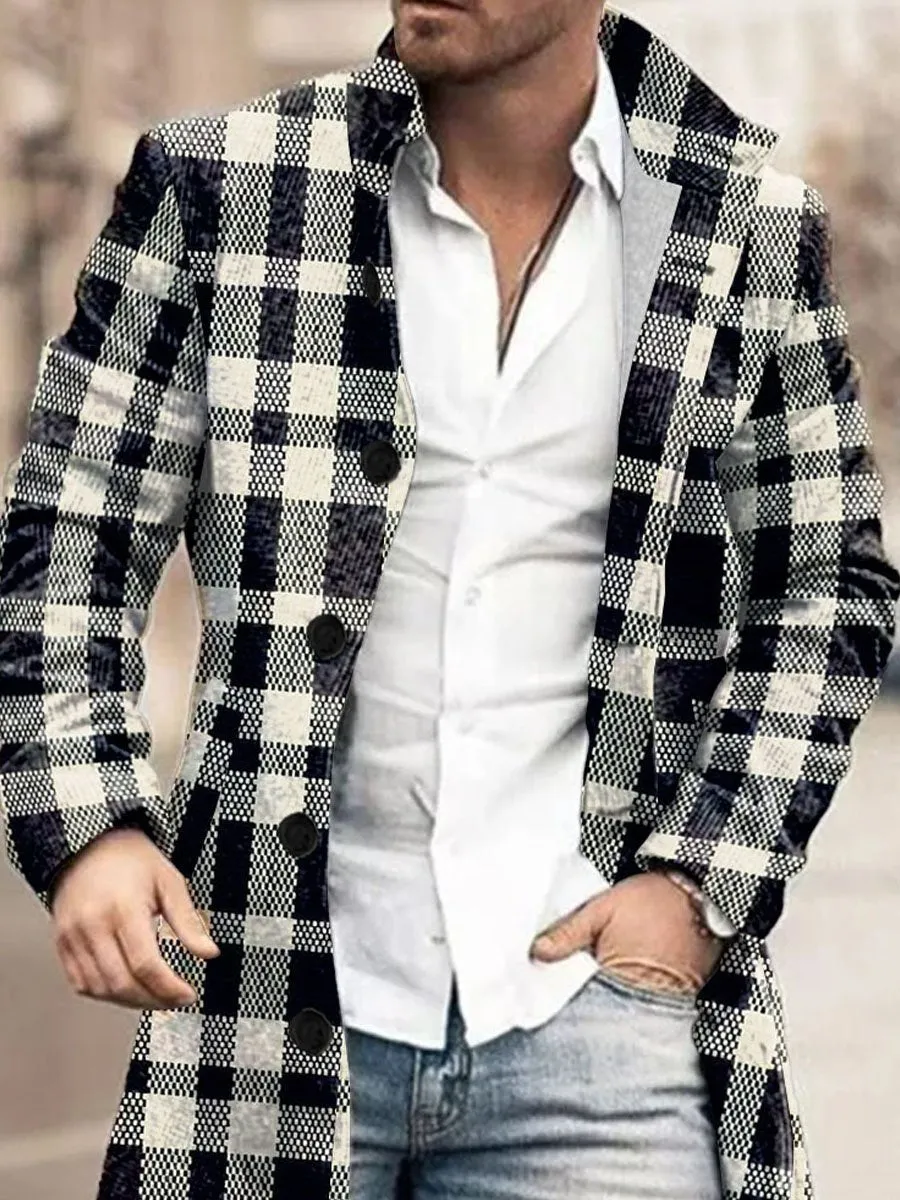 Retro Black And White Plaid Print Stand Collar Double Pocket Woolen Coat