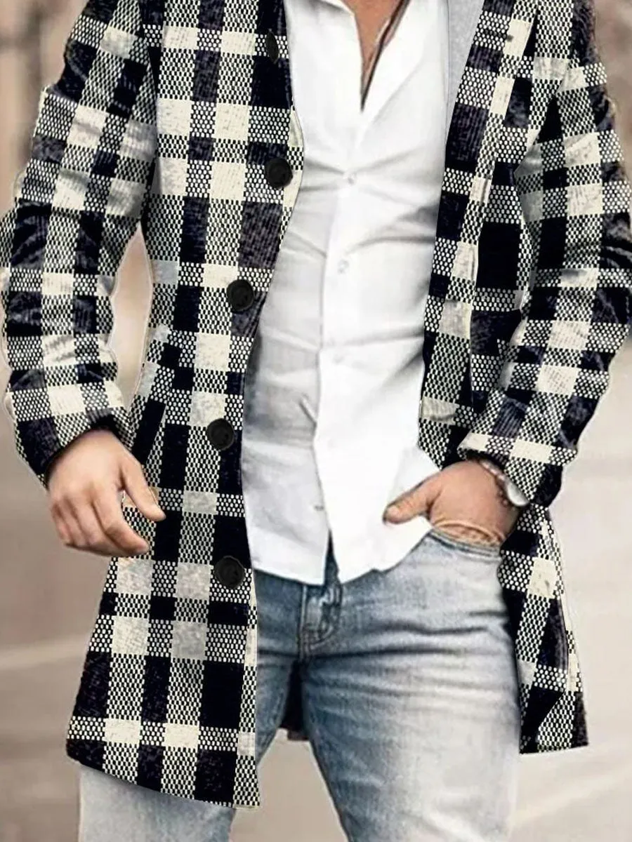 Retro Black And White Plaid Print Stand Collar Double Pocket Woolen Coat