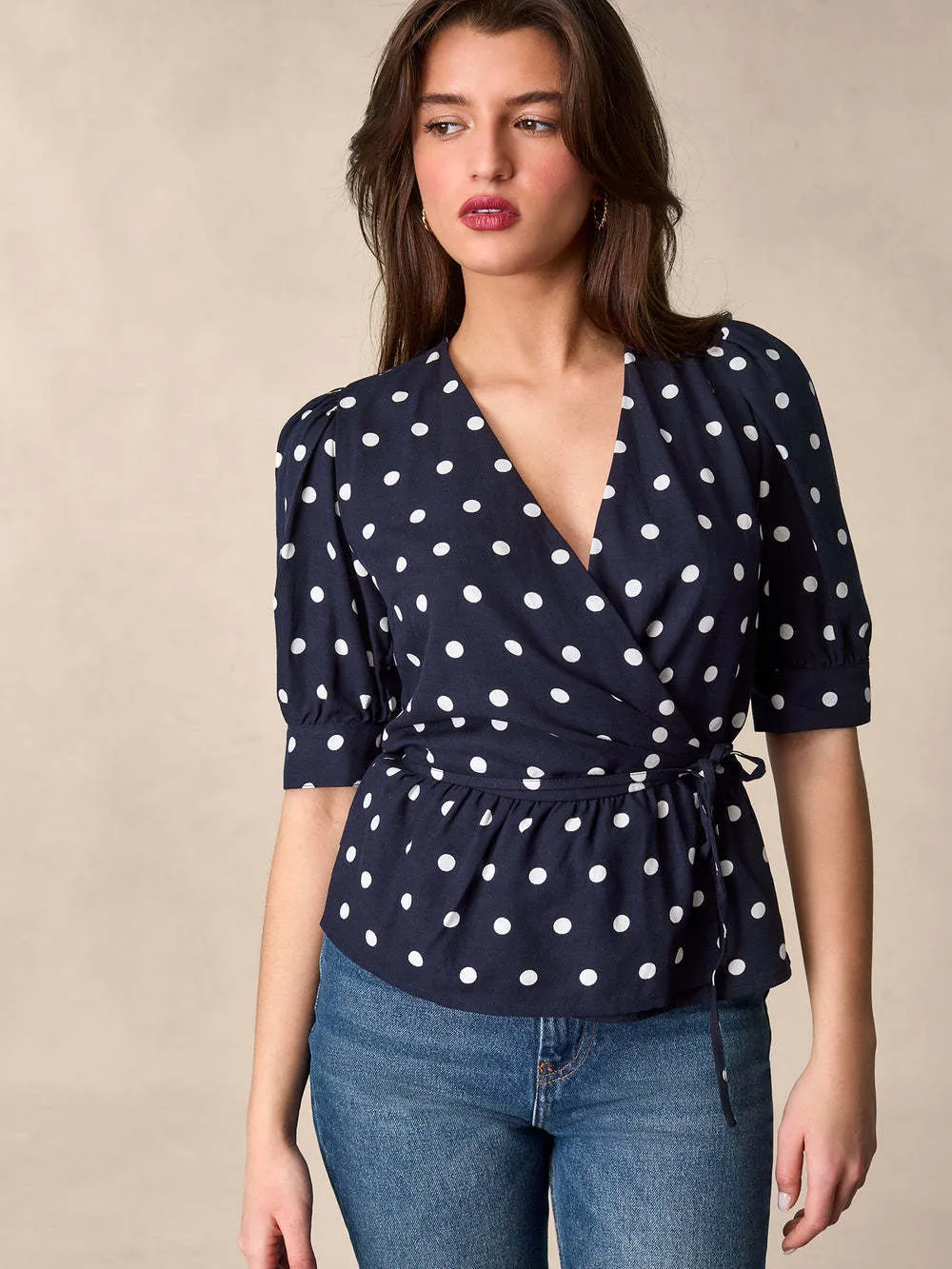 Rouje  |Dots Casual Style Blended Fabrics Short Sleeves Party Style