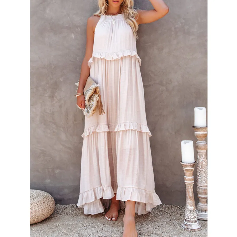 Ruffled Sleeveless Maxi Dress with Pockets