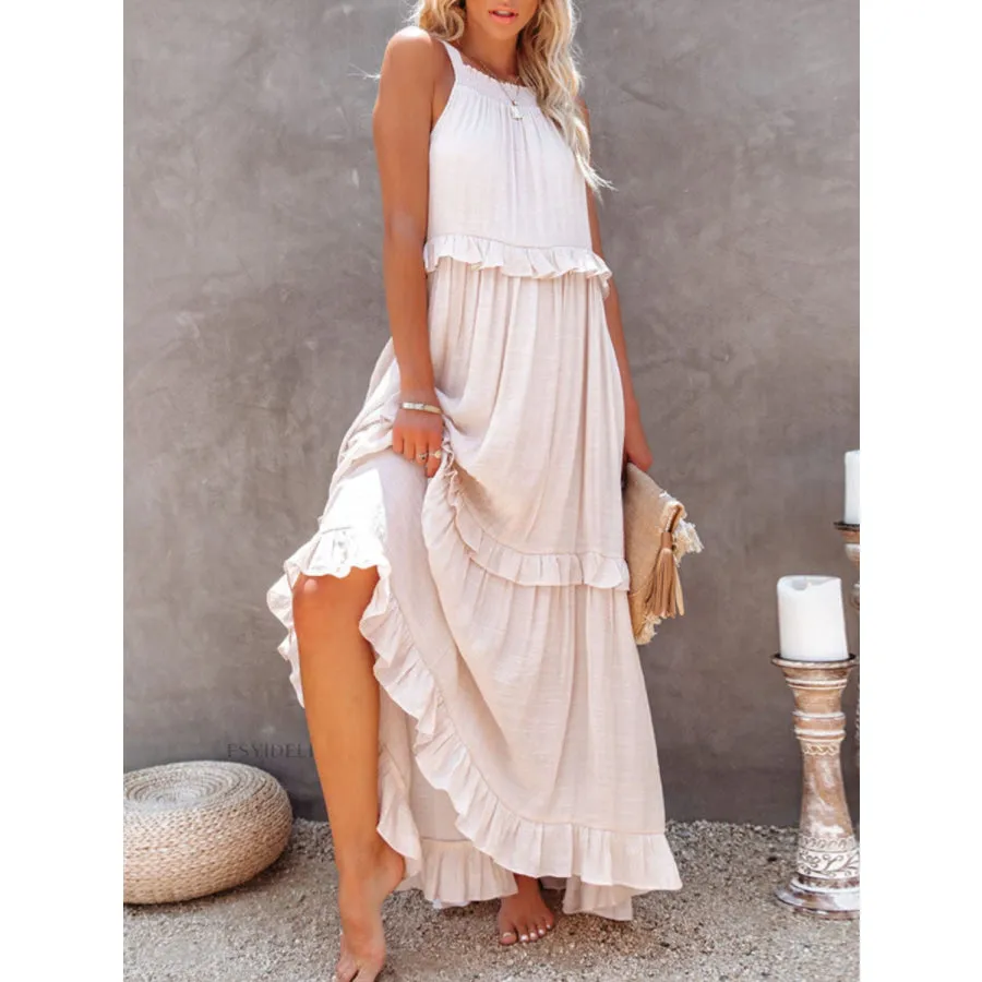 Ruffled Sleeveless Maxi Dress with Pockets