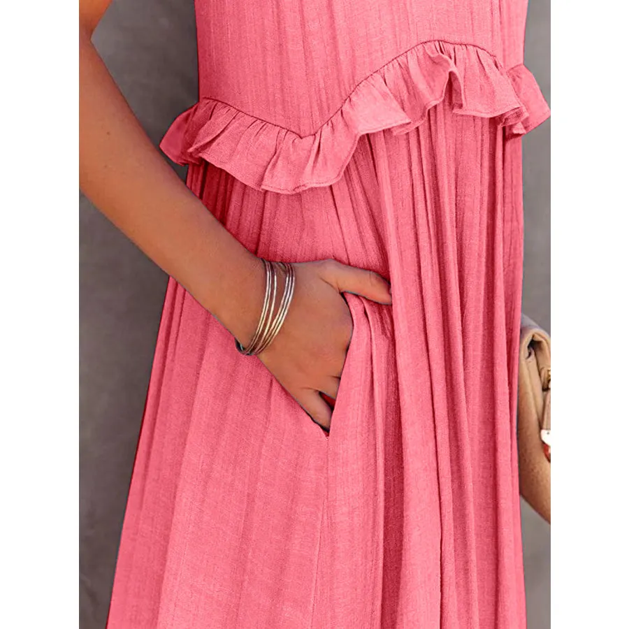 Ruffled Sleeveless Maxi Dress with Pockets