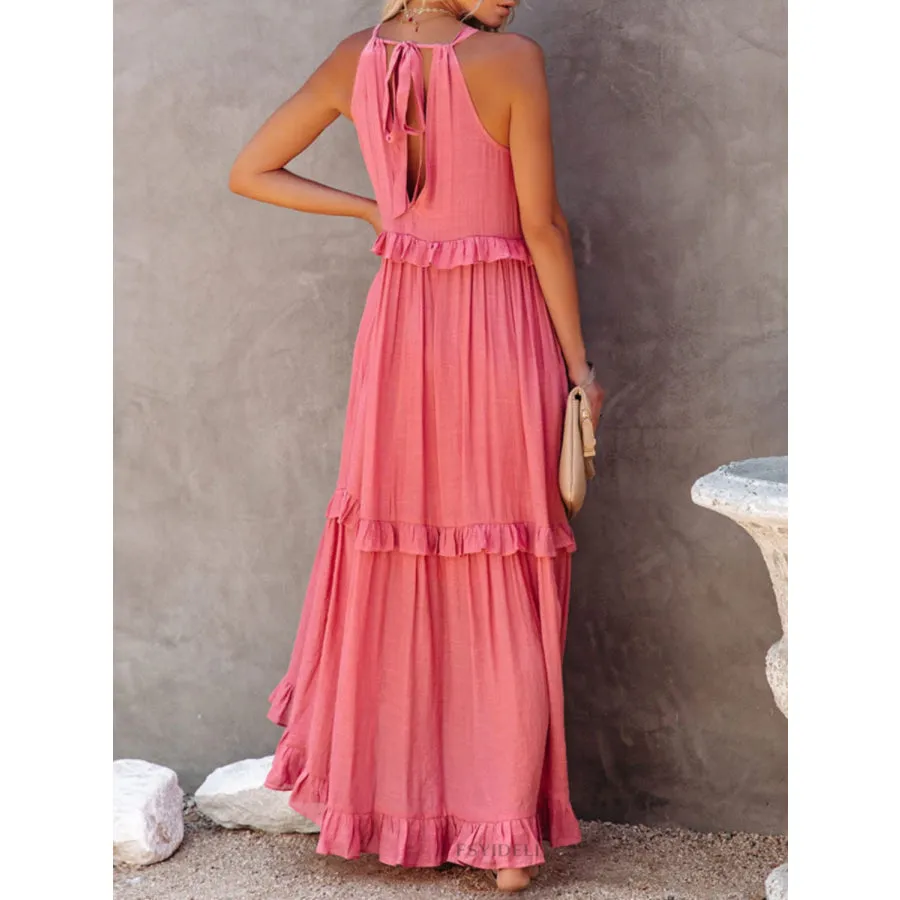 Ruffled Sleeveless Maxi Dress with Pockets