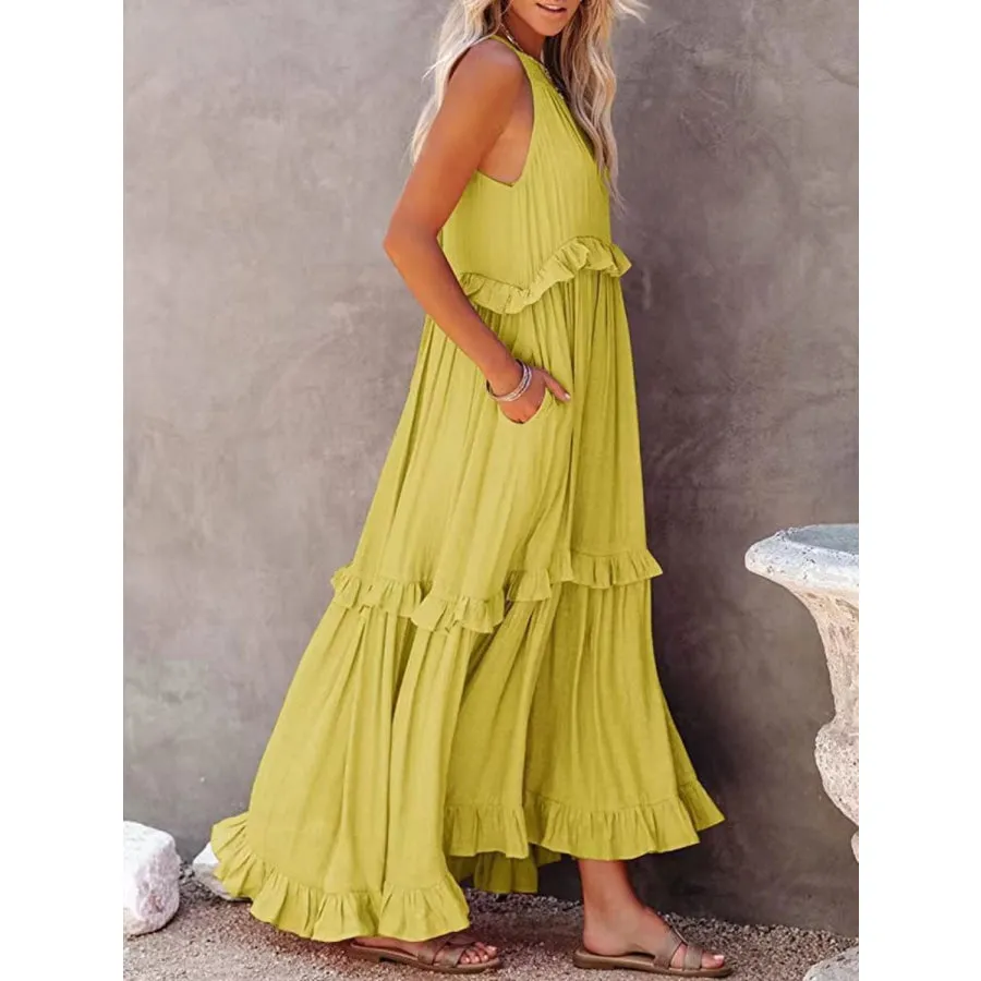 Ruffled Sleeveless Maxi Dress with Pockets