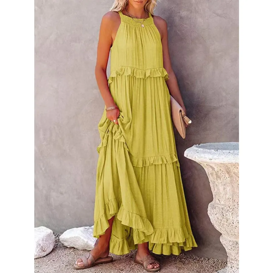 Ruffled Sleeveless Maxi Dress with Pockets