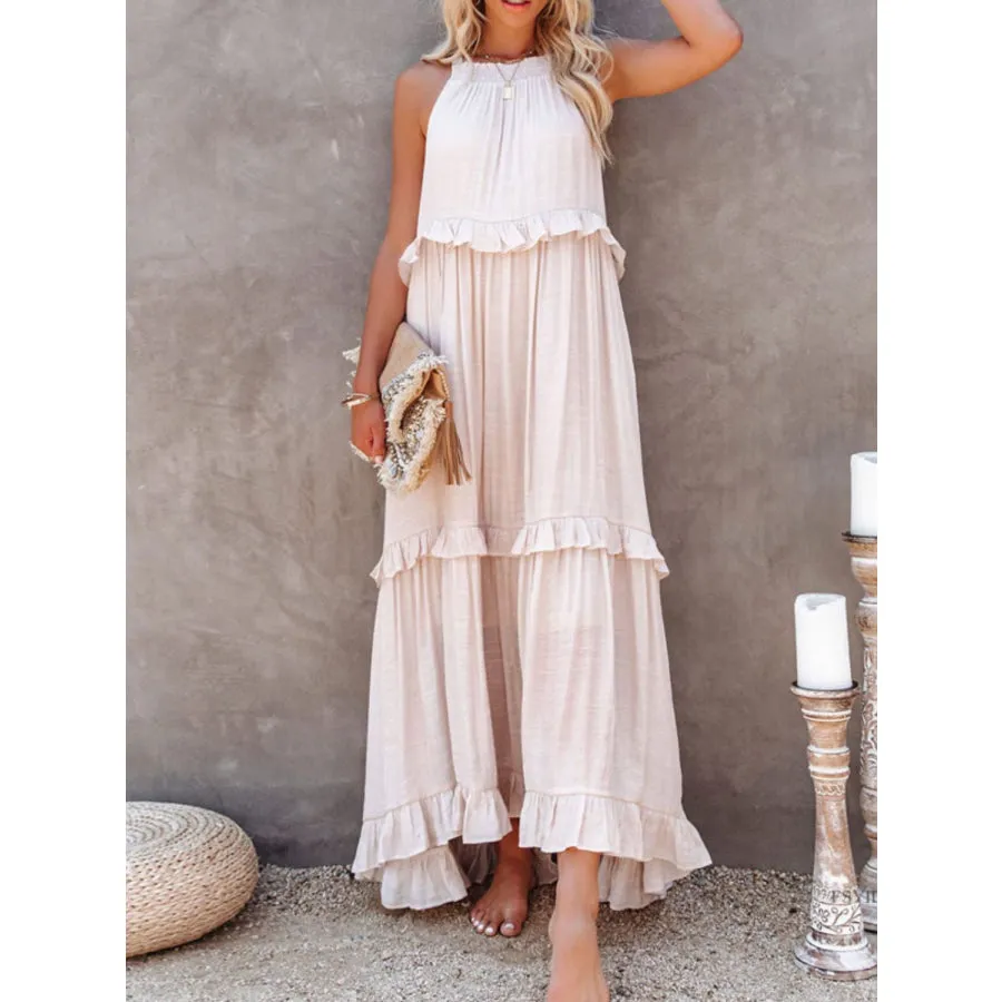 Ruffled Sleeveless Maxi Dress with Pockets