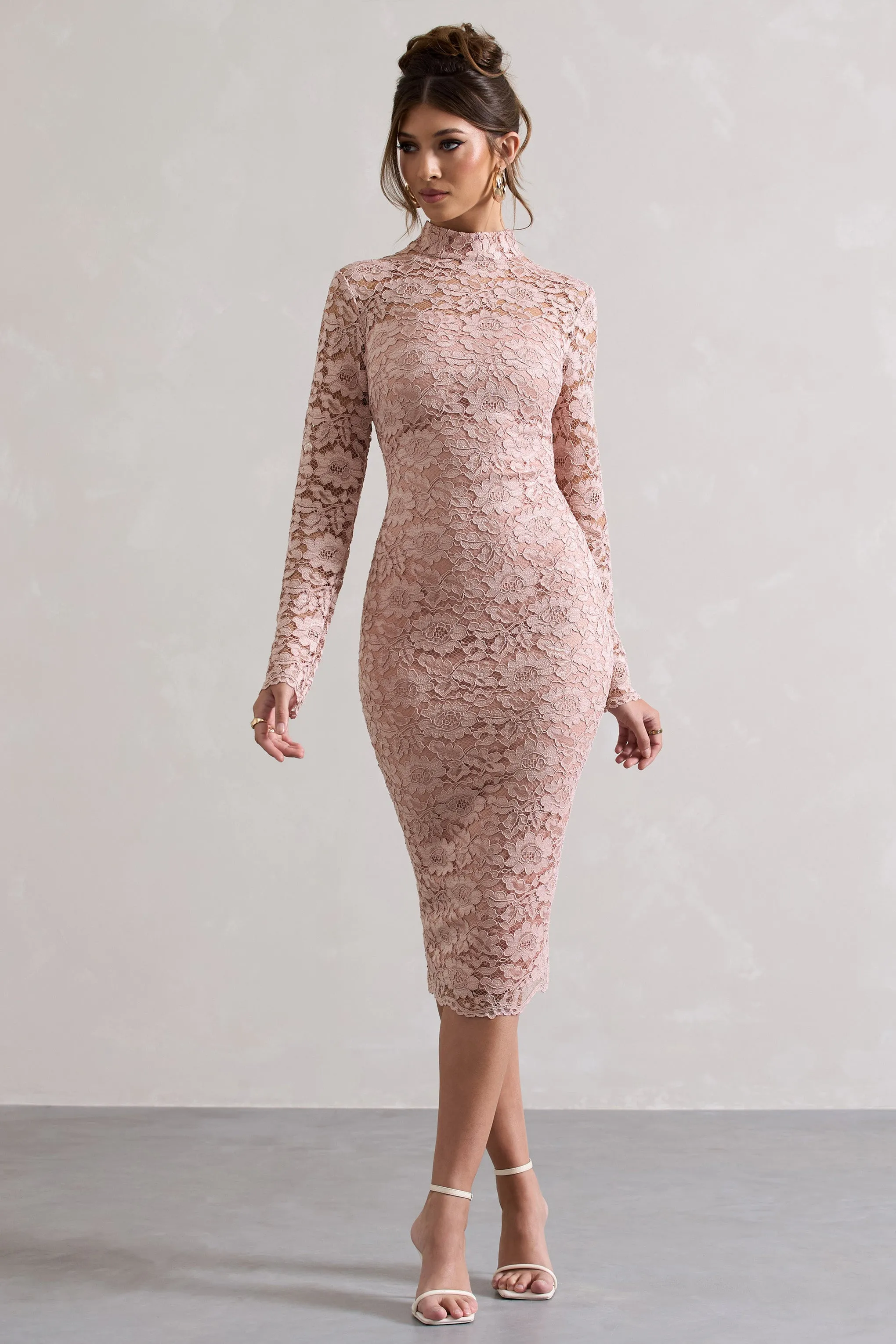 Rumour | Blush Pink Lace High-Neck Midi Dress