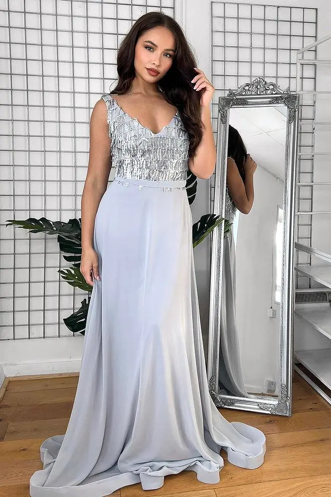 Sequinned Fringe V-Neck Sleeveless Occasion Maxi Dress