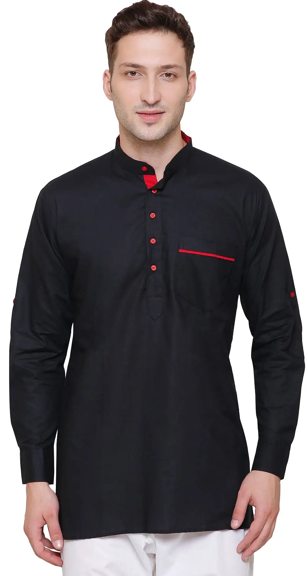 Short Kurta Shirt Mens Fine Cotton Designer Indian Fashion Clothes (Black)