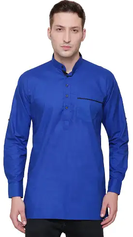 Short Kurta Shirt Mens Fine Cotton Designer Indian Fashion Clothes (Blue)