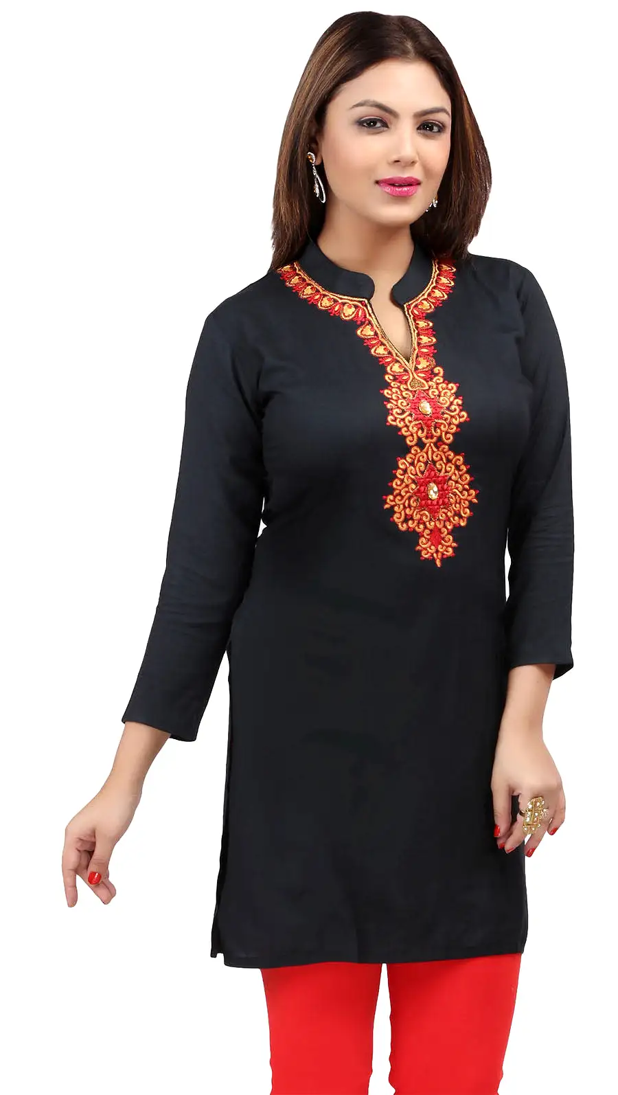 Short Kurti Women's Blouse Embroidered Indian Clothing (Black)