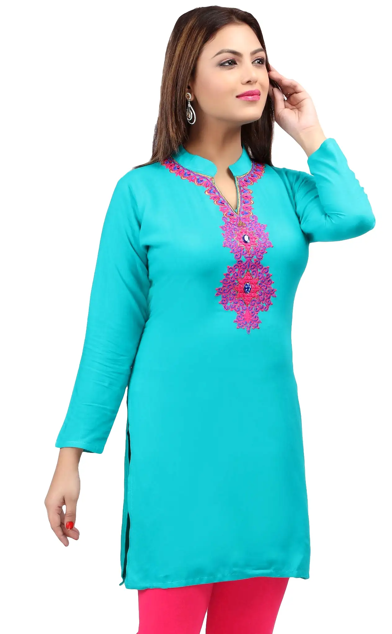 Short Kurti Women's Blouse Embroidered Indian Clothing (Turquoise)