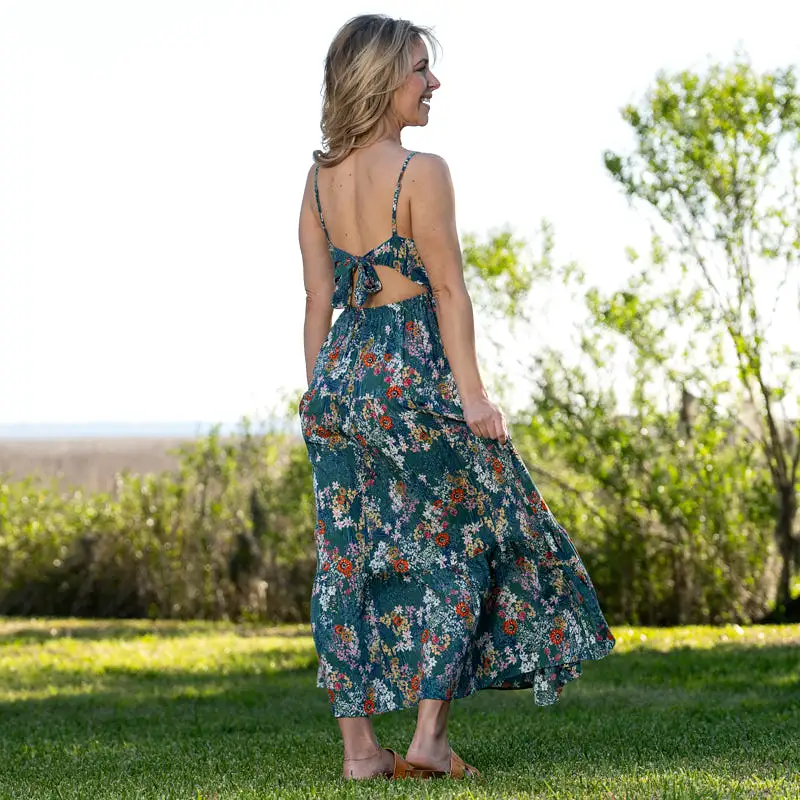 Sleeveless Green Ditsy Maxi Dress