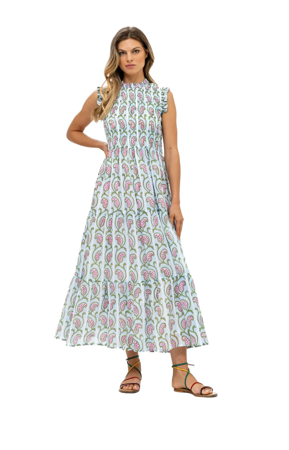 SLEEVELESS SMOCKED MAXI- GOA GREEN