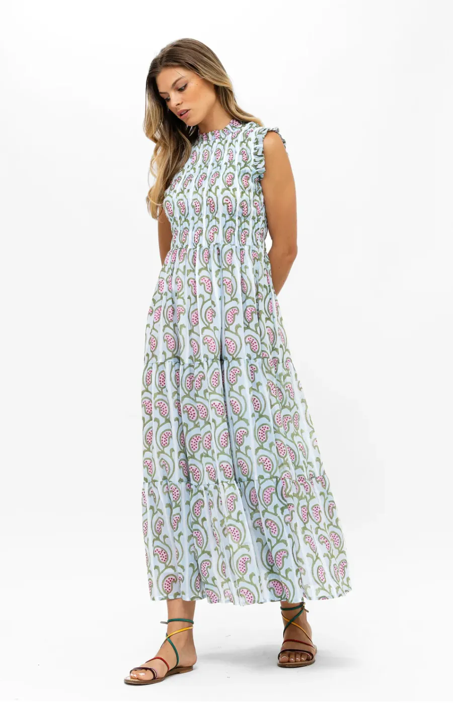 SLEEVELESS SMOCKED MAXI- GOA GREEN