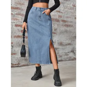 Slit High Waist Denim Skirt with Pockets