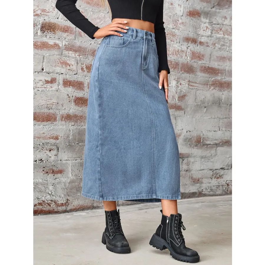 Slit High Waist Denim Skirt with Pockets