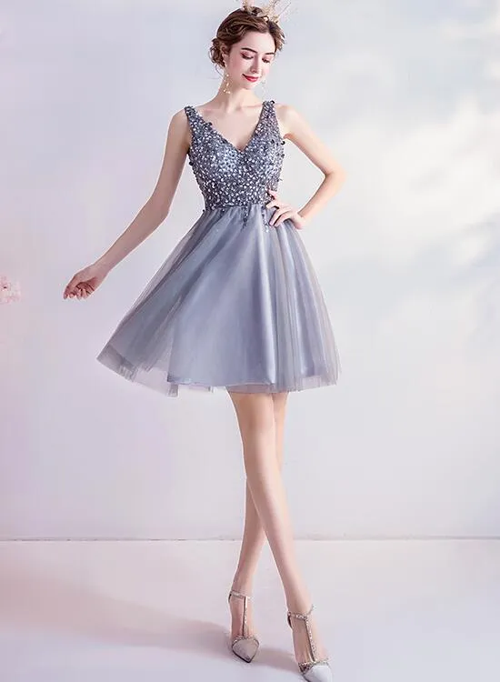 Sliver-Grey Beaded Short Tulle New Homecoming Dress Party Dress, Grey V-neckline Short Formal Dress