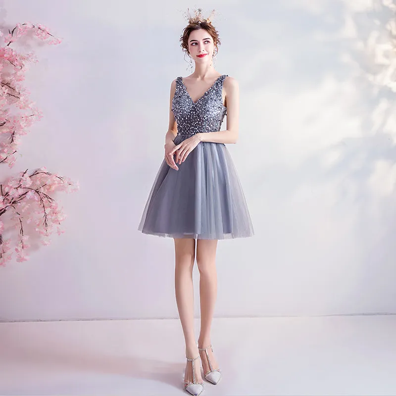 Sliver-Grey Beaded Short Tulle New Homecoming Dress Party Dress, Grey V-neckline Short Formal Dress